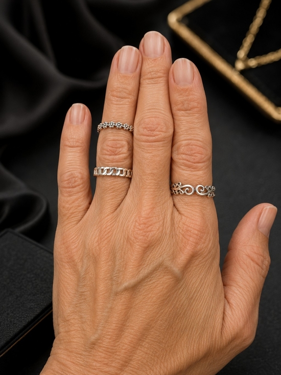 Jewelry - Silver Floral & Chain Stackable Rings - Silver